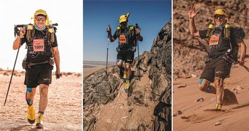 Gewaltmarsch durch die Wüste: Bei praller Sonne und extremer Hitze läuft Dr. Reiner Bunse mit einem lädierten Knie 252 Kilometer durch die marokkanische Sahara, überwindet 2788 Höhenmeter, Berge, Dünen und Geröll. Dabei hatte er einen bis zu zehn Kilogramm schweren Rucksack mit Verpflegung und Ausrüstung auf dem Rücken.Fotos SUAVECREW/MDSLEGENDAR