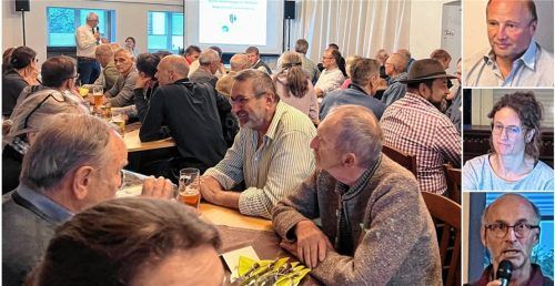 Nach verheerenden Unwettern in Söchtenau: Berhard Unterreitmeier (rechts, von oben) und Katja Förster-Bräu vom Aquasoli-Ingenieurbüro sowie Dr. Hadumar Roch vom Wasserwirtschaftsamt Rosenheim erläutern etwa 60 Söchtenauer Bügern (links), wie die Risiken von Sturzfluten minimiert werden können. Foto Gerlach
