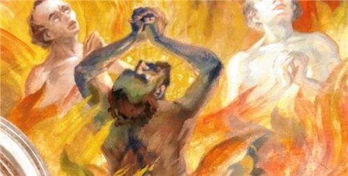 Sebastian Hausinger porträtierte sich 1924 als um Hilfe flehende Arme Seele mit erhobenen Armen im Fegefeuer im Deckengemälde des Langhauses der Pfarrkirche Mariä Himmelfahrt in Törwang.Foto Frick