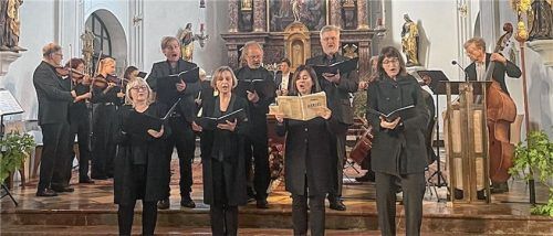 Streicher, Trompeter und Orgeldispositiv und Sänger wirkten zusammen beim Schlusspunkt des Konzerts: (vordere Reihe, von links) Gunda Steigenberger, Irmingard Schütz, Monika Wallner-Grutsch und Christine Klinger sowie (hintere Reihe, von links) Andreas und Rupert Schäffer und Klaus Maier.Foto kirchner