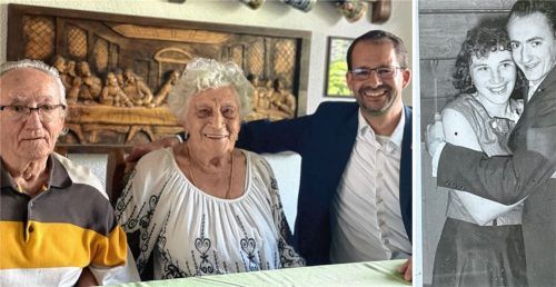 Waltraud und Anton Markreiter aus Rosenheim feierten mit Oberbürgermeister Andreas März ihre eiserne Hochzeit – kennengelernt haben sich die beiden bereits 1958. Foto Montage: Baumeister/Privat