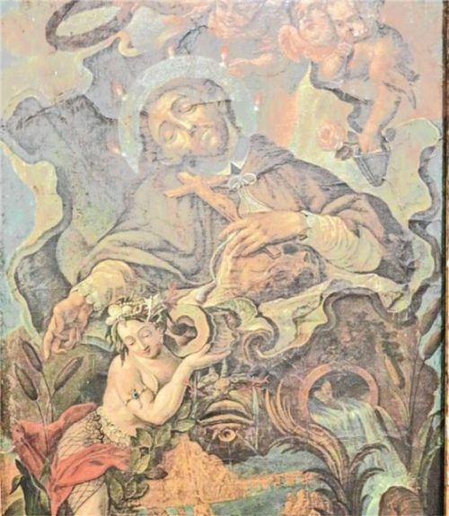 Wer ist der Maler dieses ungewöhnlichen Bildes, das Johannes Nepomuk, eingebettet in einer Perlenmuschel, zeigt? Das Rätsel wird wohl nicht gelöst werden.Foto Steffan
