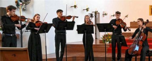 Zum Orgelkonzert waren alle sieben Mozarteums-Studenten schön aufgereiht: (von links) Norman Spaeth, Laura Sophia Hummel, Jonathan Zipperle, Livia Unternährer, Marinus Kreidt, Janka Porkoláb, Stephanie Fournier).Foto janka