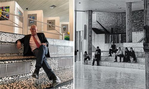 50 Jahre sind ins Land gegangen. Die Stufen in der Aula sind geblieben. „Sie sind Kult“, sagt der Direktor des Gymnasiums Bad Aibling, Michael Beer. Foto Lagler/Archiv Steindl