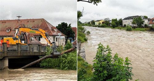 Auch ein Bagger war an der Mangfallbrücke im Einsatz, um Bäume und Baumstämme aus dem Wasser zu fischen. Foto mw (Montage)