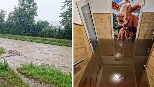 Der Jenbach direkt am Kaiser Camping Outdoor Resort schwoll am Montag immer stärker an, während das Regenwasser bereits den Platz und die Heizungsanlage unter Wasser setzte. Foto re