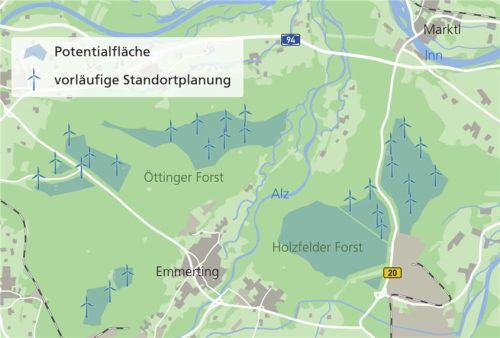 Die aktuellen Standorte der geplanten Windräder im Landkreis Altötting.Klinger/OVB