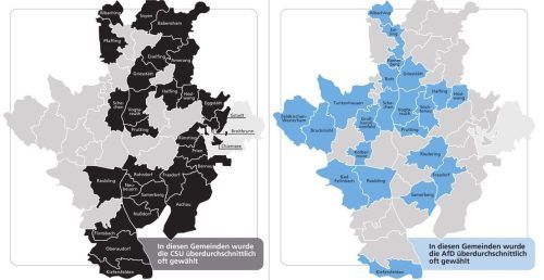 Die Grafik zeigt, in welchen Gemeinden in der Region die CSU (links) und die AfD (rechts) ein überdurchschnittliches Ergebnis bei der Europawahl erzielten. Klinger