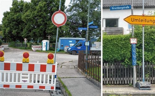 Die Schulstraße (links) in Feldkirchen-Westerham ist derzeit wegen Baumaßnahmen zwischen Jahnstraße und Zugspitzstraße gesperrt. Im Bereich der Baustelle kommt es dabei laut Gemeindeverwaltung immer wieder zum Diebstahl von Umleitungsschildern. Foto  Weinzierl