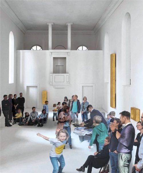 Die Visualisierung zeigt, wie die Modelle von Künstlerin Katharina Gaenssler im Kirchenraum platziert werden. Foto re