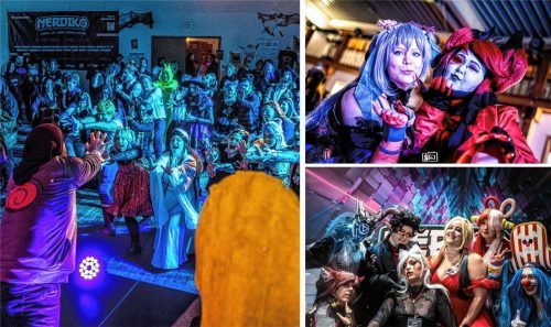 Fantasywesen beim gemeinsamen Urschrei: Auf der Manga-Messe „Nerdiko“ treffen sich Fans und Cosplayer aus der „Dragon Ball“-Szene nun regelmäßig in Rosenheim zum Austausch und gemeinsamen Spielen. Fotos saegerpictures, alternativtermin und jh_fotographie (Montage)