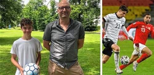 Freuen sich auf das nächste EM-Gruppenspiel: Fußballer Lucas Glauser (links) und DFI-Leiter Andreas Herbst. Foto Bettinger/dpa