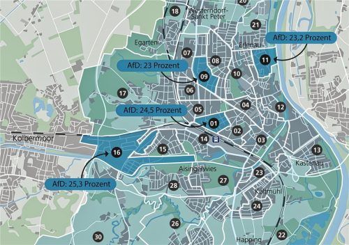 In den Wahlbezirken eins, neun, elf und 16 gewann die AfD rund jede vierte Wählerstimme für sich.Klinger