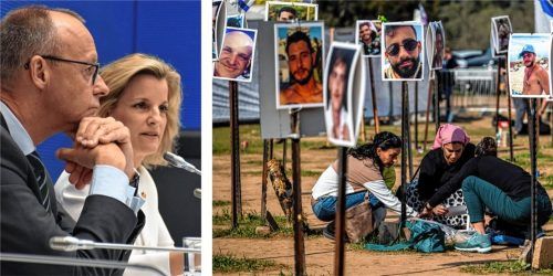 „Israel ist uns wichtig“: Friedrich Merz und Daniela Ludwig. Trauernde Angehörige auf dem Gelände des Nova-Musikfestivals in Israel mit Bildern von Opfern und Geiseln der Hamas. Foto re/dpa
