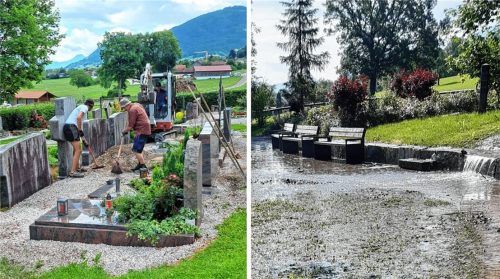 Mit Hochdruck wird auf dem Friedhof in Lippertskirchen daran gearbeitet, die Hochwasserschäden, zu beheben. Auch im Gedenkwald in Au (rechts) konnten aus Sicherheitsgründen zunächst keine Bestattungen stattfinden. Foto Strim/Singer