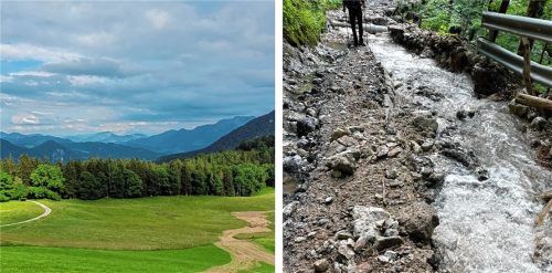 Nachdem das Unwetter einen Teil der Wanderwege in Flintsbach zerstörte (rechts), sieht es drei Wochen später auf den Wegen Richtung Hohe Asten und Petersberg schon wieder besser aus (links). Foto Re