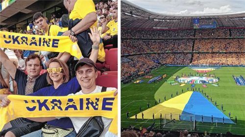 Nazar Sadoroschny, Katharina Horban und Wolodymyr Hlazun (von links) aus Bad Aibling beim EM-Gruppenspiel der Ukraine in München. Foto Weber