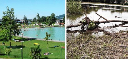 Ungleiche Bilder: Während das Freibad in Flintsbach (links) weitestgehend verschont blieb, hat es den Badesee Thansau (rechts) hart getroffen. Dort ist Schwimmen derzeit nicht möglich. Foto Steffenhagen/Reisner