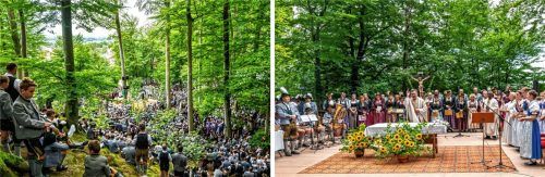An einem besonders stimmungsvollen Ort, im Buchenwald am Bürgl, fand am Sonntagvormittag ein Gottesdienst mit Hunderten Teilnehmern statt.