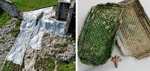 Auch Jahrhunderte alte Teile eines Kachelofens wurden aufgrund des Unwetters bei der Burgruine Falkenstein nach oben getragen. Foto Barth/Re