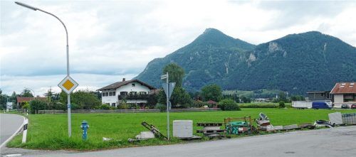 Auf der Wiese nördlich der Petö-Schule soll an der Straße das neue Feuerwehrhaus gebaut werden. Dahinter ist bis zur Zimmerei ein Mischgebiet für Gewerbe und Wohnen vorgesehen.Foto Schubert