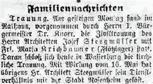 Bericht zur Hochzeit von Maria Krichbaumer und Josef Steegmüller im „Rosenheimer Anzeiger“ (30. Mai 1933) in der Rubrik „Familiennachrichten“. Foto Stadtarchiv Rosenheim