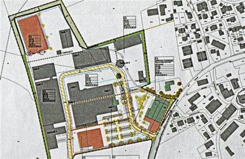 Der Bebauungsplan für das Edergelände. Rot markiert die besagten Flächen für das Hochregallager (oben links), die Erweiterung des Edeka (rechts) und der neue Aldi (links unten).Foto Repro-Stache