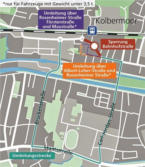 Die Umleitungsstrecken, die die Stadt für den Zeitraum der Sperrung der Bahnhofstraße vorgesehen hat. Klinger