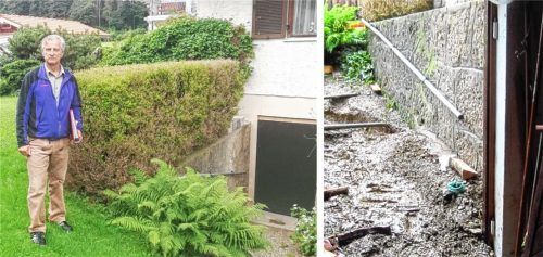 Konrad Stadler auf dem Grundstück seiner Schwiegereltern (links), das vor rund einem Monat komplett unter Wasser stand (rechts). Foto Re