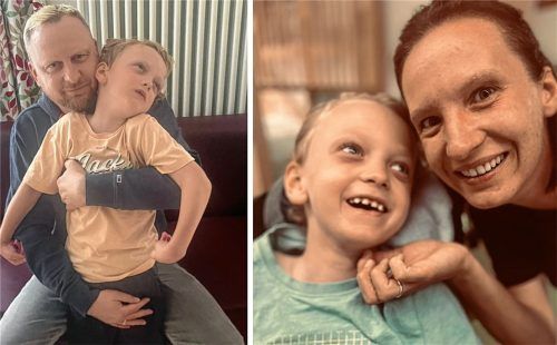 Kümmern sich rührend um ihren siebenjährigen Finni, der sich seit einem Herzstillstand Mitte Januar 2024 in einem wachkomaähnlichen Zustand befindet: Papa Mike und Mama Viktoria Zettel. Fotos privat