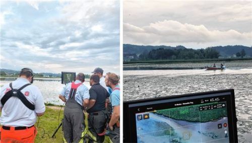 Trotz großer Mühen ist doch Öl in den Chiemsee gelangt. Gutachter beobachten vor Ort die Lage an den Ölsperren. Foto Feuerwehr Bernau