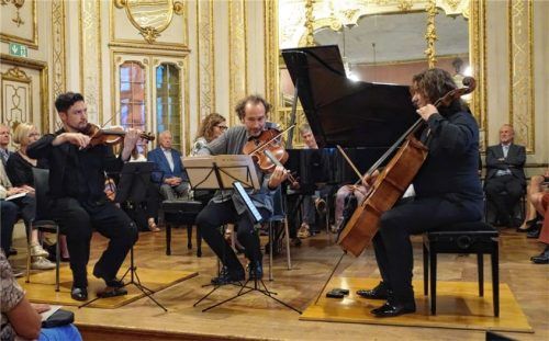 Vom Publikum bejubelt: (von links) Erik Schumann (Violine), Razvan Popovic (Viola), Diana Ketler (Klavier) und Justus Grimm (Violoncello) im Schlosssaal. Foto Füchtner