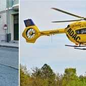 Rettungshubschrauber im Tiefflug über der Stadt