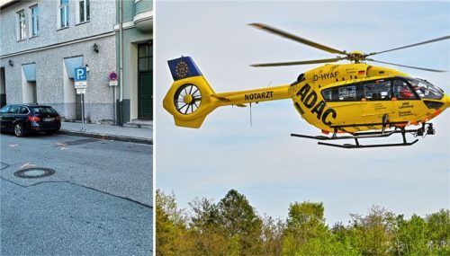 An dieser Stelle in der Bismarckstraße in Rosenheim (links) krachte der 90-Jährige in die parkenden Autos. Der Mann wurde mit dem Hubschrauber in ein Münchner Krankenhaus gebracht.Foto Montage: Baumeister/dpa/picture alliance/Patrick Pleul