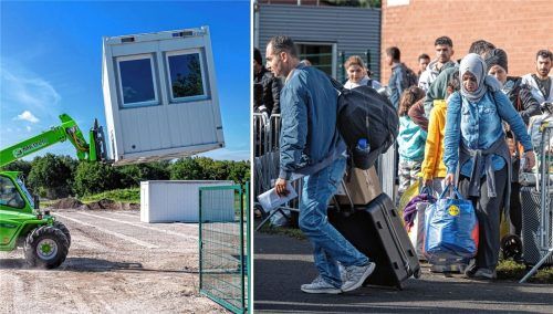 Das Landratsamt Mühldorf rechnet ab Herbst wieder mit steigenden Flüchtlingszahlen. In Töging entsteht derzeit ein Containerdorf mit 195 Plätzen (Symbolfotos). Foto picture alliance/dpa/Jens Büttner; picture alliance/dpa/Boris Roessler