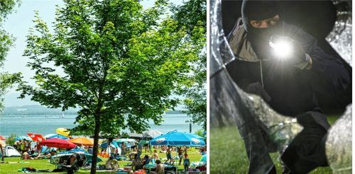 Das Schramlbad in Prien lockt im Sommer viele Gäste an. Im August wurde in den dortigen Kiosk eingebrochen – es ist nicht der einzige Einbruch am Chiemsee (rechts: Symbolbild). Foto Collage: Berger/ dpa