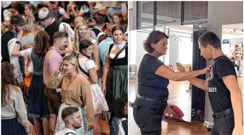 Dichtes Gedränge auf der Wiesn: Susi Adlmaier (rechts) zeigt, wie man sich gegen ungewollte Berührungen wehren kann. Fotos dpa/Huber