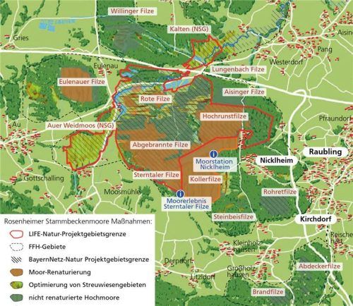 Die Karte zeigt die Lage und den Stand der Renaturierung der Rosenheimer Stammbeckenmoore. Foto Umwelt-, Kultur- und Sozialstiftung im Landkreis Rosenheim und Gemeinde Raubling/Verena Klinger