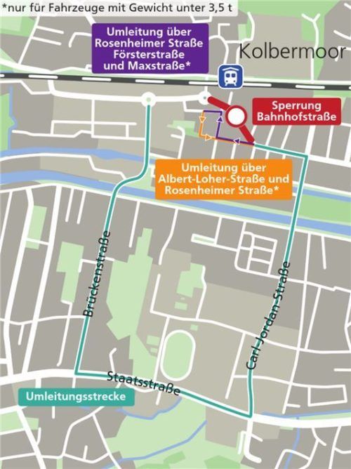 Die Umleitungsstrecken, die die Stadt für den Zeitraum der Sperrung der Bahnhofstraße vorgesehen hat.