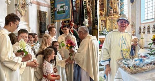 Ein herzlicher Abschied von den Ministranten: Sie hatten Pater Paul einen Pilgerhut von ihrer Miniwallfahrt nach Rom mitgebracht. Der Pfarrverband schenkte ihm eine Hostienschale mit eingraviertem Gruß „Pfiati Gott, Pater Paul“.