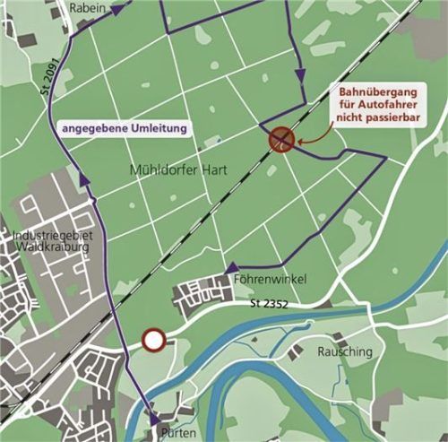 Falsch: Google Maps schickt Autofahrer durch den Wald. Im Mühldorfer Hart befindet sich jedoch ein Bahnübergang, der für Autos gar nicht passierbar ist. Klinger