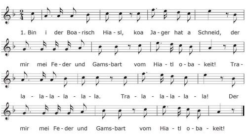 Melodie und erste Strophe eines Liedes vom Boarischen Hiasl (1736 bis 1771). EBES-Volksmusik
