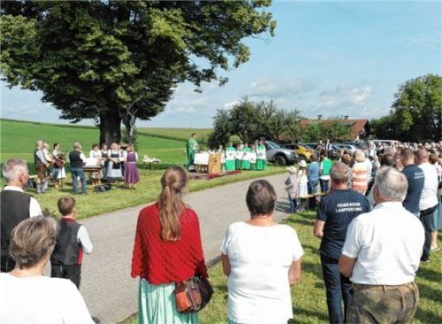 Vor dem Michen-Kreuz und unter der alten Linde zelebrierte Pfarrer Richard Basta die Feldmesse zu Beginn der Feierlichkeit. Fotos  stelzer