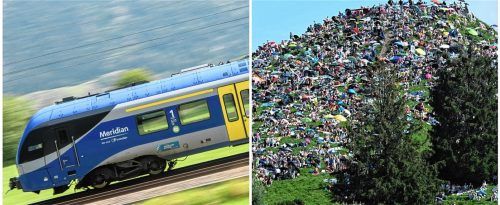 Weil am vergangenen Donnerstag wieder Tausende von Menschen auf dem Konzert von Coldplay in München waren und sich eng an eng um das Stadion versammelten, wurde auch die Heimfahrt nach Rosenheim für einige zur „Zumutung“. Foto Montage: dpa/picture alliance/Matthias Balk/Felix Hörhager