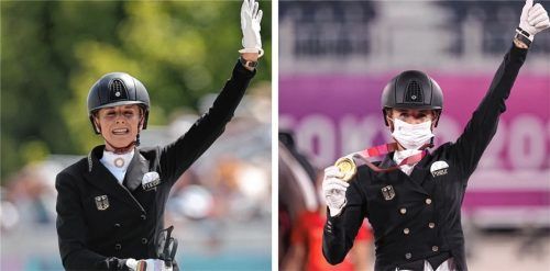 Wie in Tokio 2021 (rechtes Bild) gab es für Jessica von Bredow-Werndl nun auch in Frankreich zwei Goldmedaillen. Foto Friso Gentsch (dpa) / Rolf Vennenbernd (dpa)