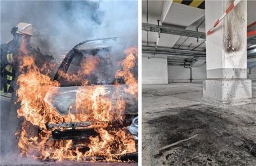 Auto in Brand (Symbolbild, links): In der Tiefgarage im Kuko ging ein Skoda in Flammen auf und hinterließ einen großen Fleck aus Asche und Staub. Fotos dpa/bo