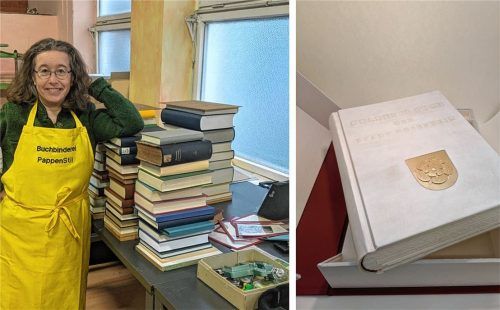 Buchbindermeisterin Bettina Maier durfte das neue Goldene Buch der Stadt Rosenheim gestalten. Foto Collage: Maier