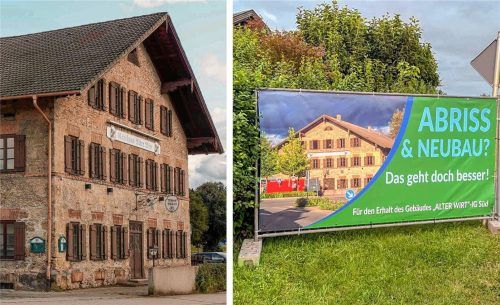 Das Gasthaus „Alter Wirt“ in Aising soll abgerissen werden. Der Protest darüber ist groß – und für jeden, der durch den Ort fährt, sichtbar. Die Interessensgemeinschaft Rosenheim Süd hat Banner aufgestellt, um ihren Protest kundzutun. Fotos Aerzbäck