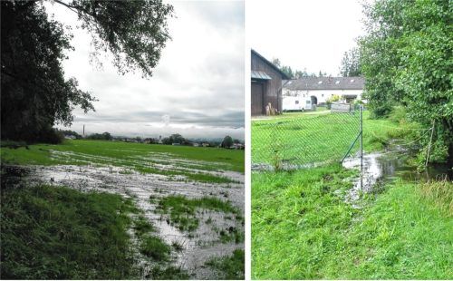 Das Wasser des Unteren Tännelbaches und des Kreidenbaches trat in Raubling erneut über die Ufer und näherte sich dem Raublinger Wohngebiet. Foto Re