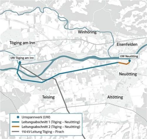 Die Grafik zeigt den Verlauf der Leitung und die Bauabschnitte. Bayernwerk Netz